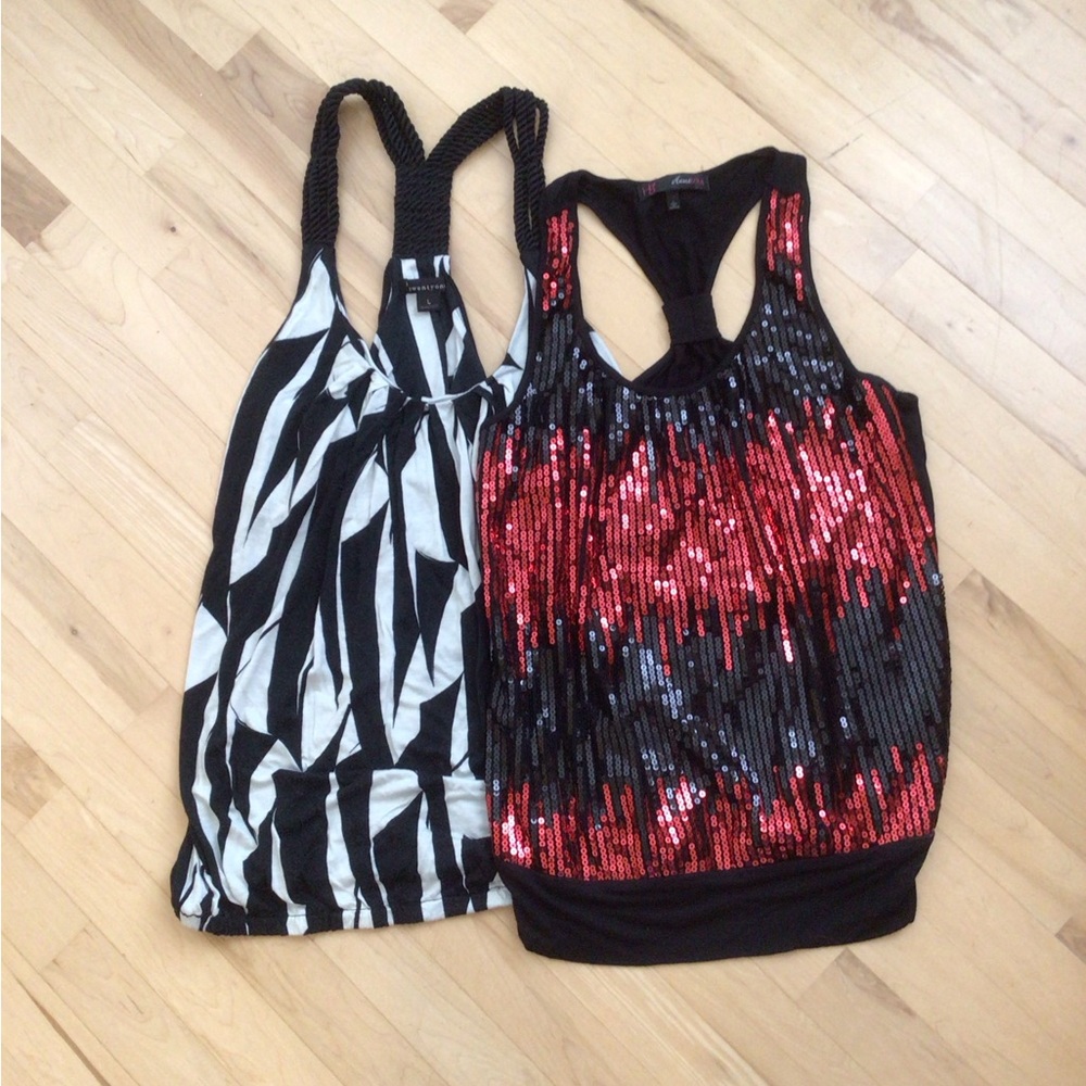 2/$10 Black and White Zebra Print Tank Top and Red Sequin Tank Top